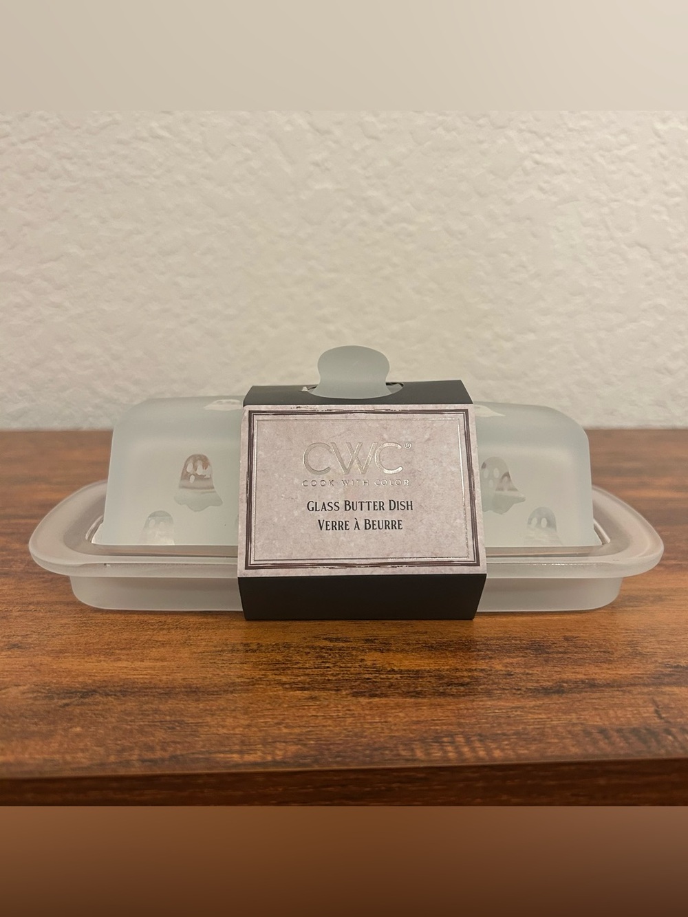 CWC Cook With Color Ghost Frosted Glass Halloween Butter Dish